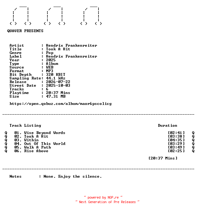 NFO for the release Hendrix_Frankenreiter-Took_A_Hit-EP-WEB-2025-QUAVER by QUAVER