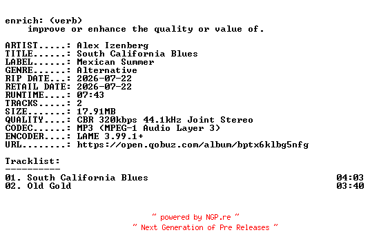 NFO for the release Alex_Izenberg-South_California_Blues-SINGLE-WEB-2026-ENRiCH by ENRiCH