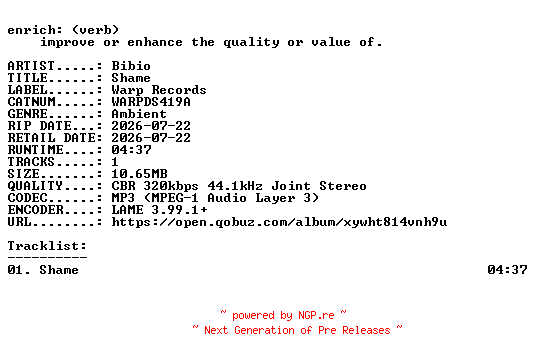 NFO for the release Bibio-Shame-(WARPDS419A)-SINGLE-WEB-2026-ENRiCH by ENRiCH
