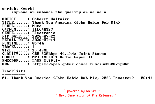 NFO for the release Cabaret_Voltaire-Thank_You_America_(John_Robie_Dub_Mix)-(I1LCABS27)-SINGLE-REMASTERED-WEB-2026-ENRiCH by ENRiCH