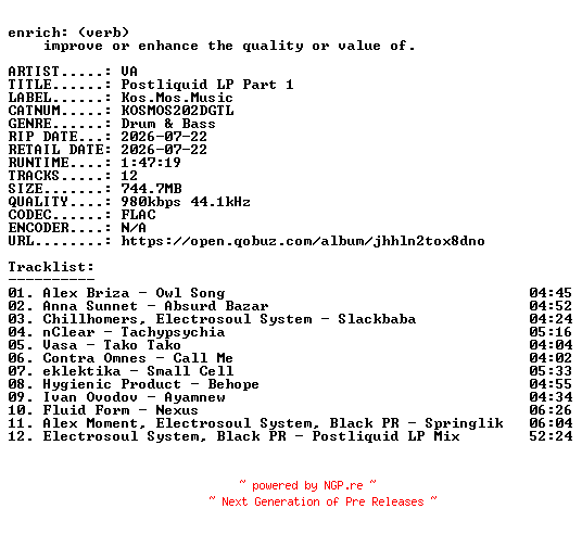 NFO for the release VA-Postliquid_LP_Part_1-(KOSMOS202DGTL)-16BIT-WEB-FLAC-2026-ENRiCH by ENRiCH
