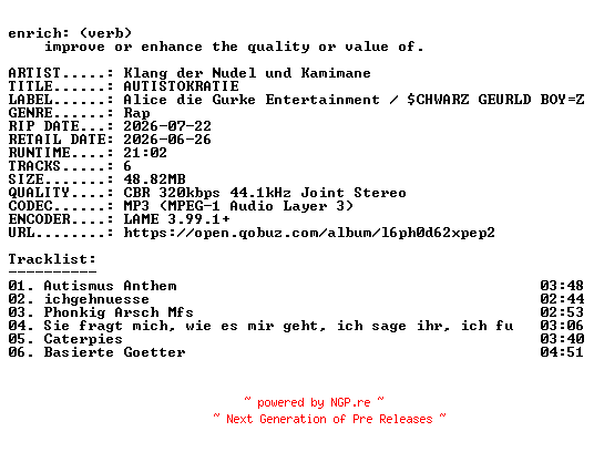 NFO for the release Klang_der_Nudel_und_Kamimane-AUTISTOKRATIE-WEB-DE-2026-ENRiCH by ENRiCH
