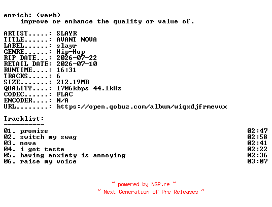 NFO for the release SLAYR-AVANT_NOVA-EP-24BIT-WEB-FLAC-2026-ENRiCH by ENRiCH
