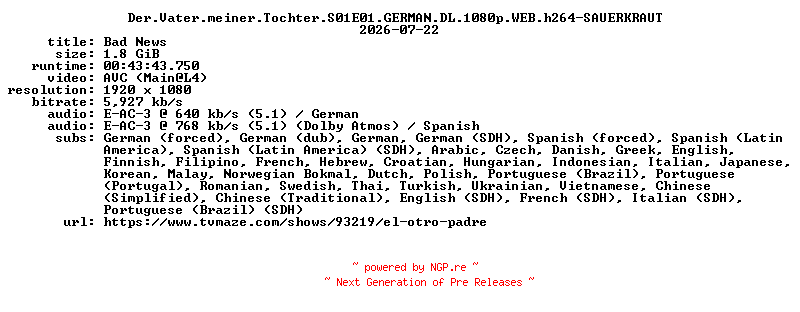 NFO for the release Der.Vater.meiner.Tochter.S01E01.GERMAN.DL.1080p.WEB.h264-SAUERKRAUT by SAUERKRAUT