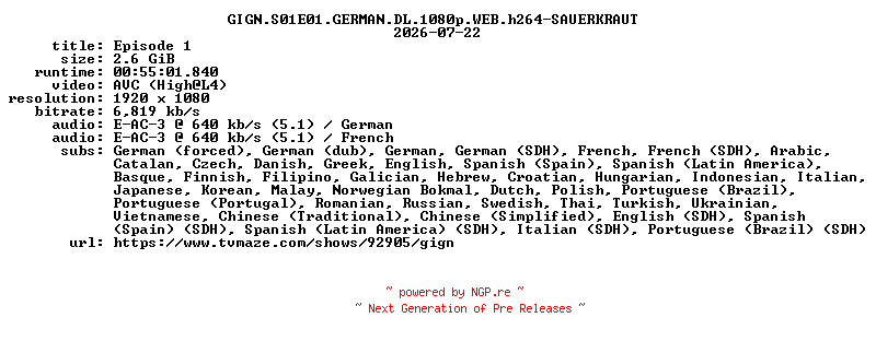 NFO for the release GIGN.S01E01.GERMAN.DL.1080p.WEB.h264-SAUERKRAUT by SAUERKRAUT