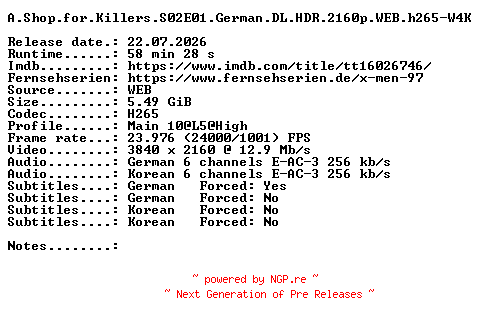 NFO for the release A.Shop.for.Killers.S02E01.German.DL.HDR.2160p.WEB.h265-W4K by W4K