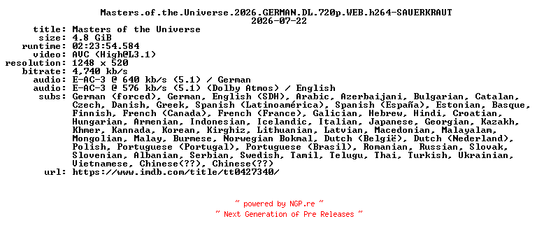 NFO for the release Masters.of.the.Universe.2026.GERMAN.DL.720p.WEB.h264-SAUERKRAUT by SAUERKRAUT