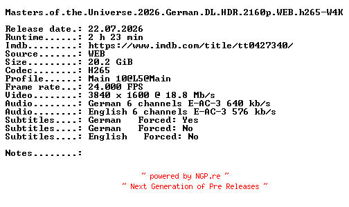 NFO for the release Masters.of.the.Universe.2026.German.DL.HDR.2160p.WEB.h265-W4K by W4K