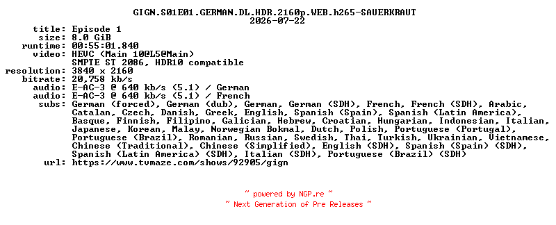 NFO for the release GIGN.S01E01.GERMAN.DL.HDR.2160p.WEB.h265-SAUERKRAUT by SAUERKRAUT