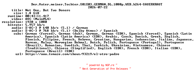 NFO for the release Der.Vater.meiner.Tochter.S01E03.GERMAN.DL.1080p.WEB.h264-SAUERKRAUT by SAUERKRAUT