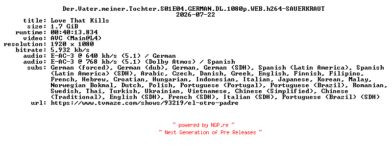NFO for the release Der.Vater.meiner.Tochter.S01E04.GERMAN.DL.1080p.WEB.h264-SAUERKRAUT by SAUERKRAUT