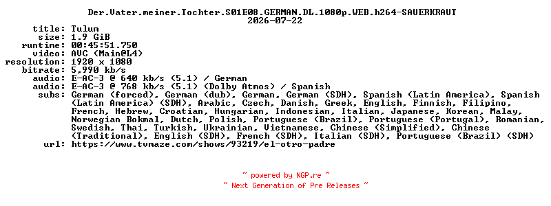 NFO for the release Der.Vater.meiner.Tochter.S01E08.GERMAN.DL.1080p.WEB.h264-SAUERKRAUT by SAUERKRAUT