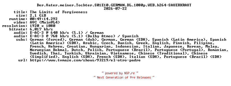 NFO for the release Der.Vater.meiner.Tochter.S01E10.GERMAN.DL.1080p.WEB.h264-SAUERKRAUT by SAUERKRAUT