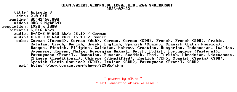 NFO for the release GIGN.S01E03.GERMAN.DL.1080p.WEB.h264-SAUERKRAUT by SAUERKRAUT