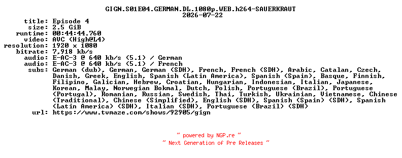 NFO for the release GIGN.S01E04.GERMAN.DL.1080p.WEB.h264-SAUERKRAUT by SAUERKRAUT