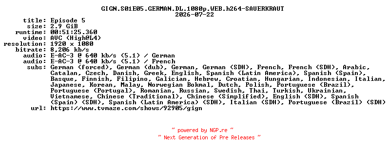 NFO for the release GIGN.S01E05.GERMAN.DL.1080p.WEB.h264-SAUERKRAUT by SAUERKRAUT