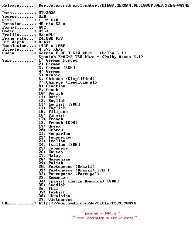 NFO for the release Der.Vater.meiner.Tochter.S01E08.GERMAN.DL.1080P.WEB.X264-WAYNE by WAYNE