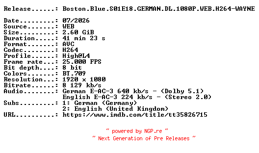 NFO for the release Boston.Blue.S01E18.GERMAN.DL.1080P.WEB.H264-WAYNE by WAYNE