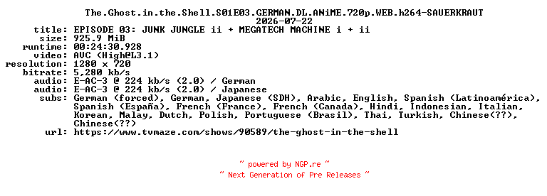 NFO for the release The.Ghost.in.the.Shell.S01E03.GERMAN.DL.ANiME.720p.WEB.h264-SAUERKRAUT by SAUERKRAUT