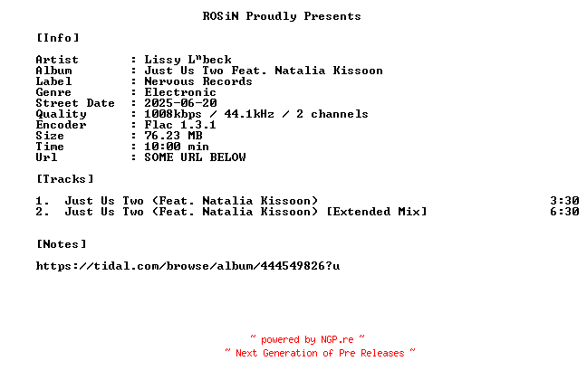 NFO for the release Lissy_Lbeck-Just_Us_Two_feat._Natalia_Kissoon-16BIT-WEB-FLAC-2025-ROSiN by ROSiN