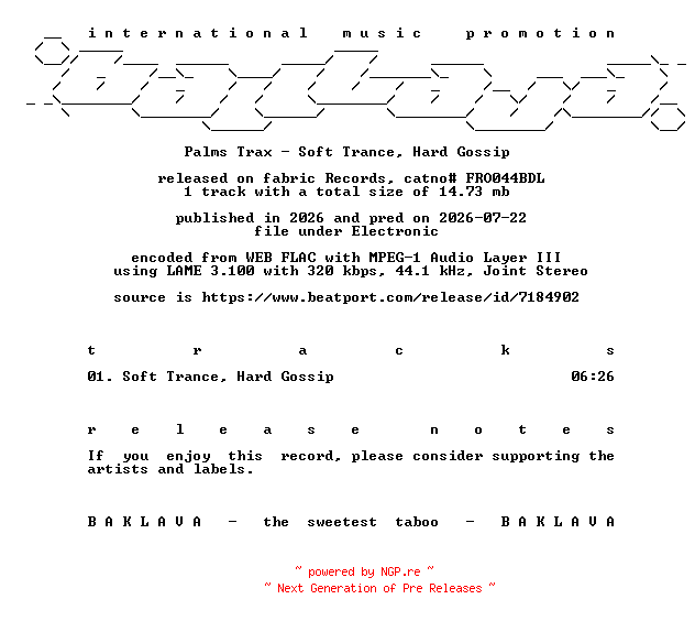 NFO for the release Palms_Trax-Soft_Trance_Hard_Gossip-(FRO044BDL)-SINGLE-WEB-2026-BAKLAVA by BAKLAVA