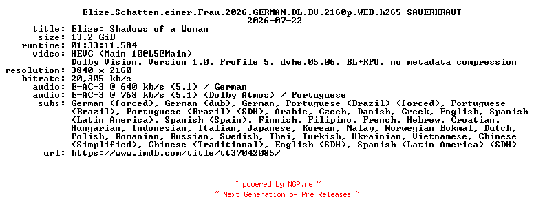 NFO for the release Elize.Schatten.einer.Frau.2026.GERMAN.DL.DV.2160p.WEB.h265-SAUERKRAUT by SAUERKRAUT