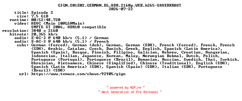 NFO for the release GIGN.S01E02.GERMAN.DL.HDR.2160p.WEB.h265-SAUERKRAUT by SAUERKRAUT