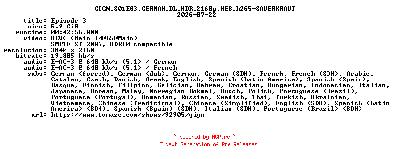 NFO for the release GIGN.S01E03.GERMAN.DL.HDR.2160p.WEB.h265-SAUERKRAUT by SAUERKRAUT