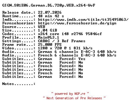 NFO for the release GIGN.S01E06.German.DL.720p.WEB.x264-WvF by WvF