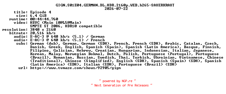 NFO for the release GIGN.S01E04.GERMAN.DL.HDR.2160p.WEB.h265-SAUERKRAUT by SAUERKRAUT