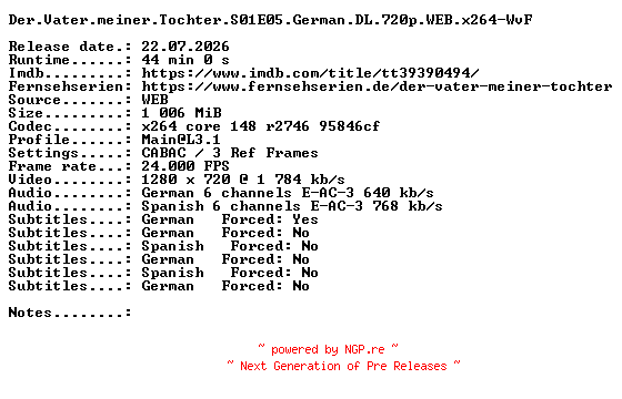 NFO for the release Der.Vater.meiner.Tochter.S01E05.German.DL.720p.WEB.x264-WvF by WvF