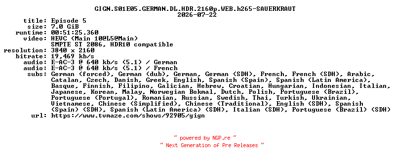 NFO for the release GIGN.S01E05.GERMAN.DL.HDR.2160p.WEB.h265-SAUERKRAUT by SAUERKRAUT