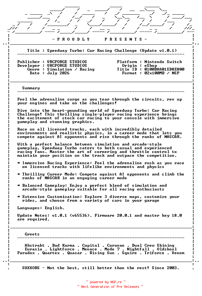 NFO for the release Speedway_Turbo_Car_Racing_Challenge_Update_v1.0.1_NSW-SUXXORS by SUXXORS