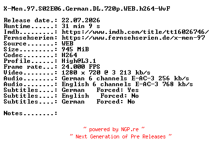 NFO for the release X-Men.97.S02E06.German.DL.720p.WEB.h264-WvF by WvF