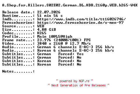 NFO for the release A.Shop.for.Killers.S02E02.German.DL.HDR.2160p.WEB.h265-W4K by W4K
