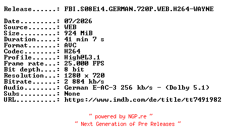 NFO for the release FBI.S08E14.GERMAN.720P.WEB.H264-WAYNE by WAYNE