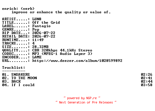 NFO for the release LUN8-Off_the_Grid-EP-WEB-KR-2026-ENRiCH by ENRiCH