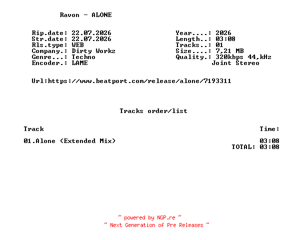 NFO for the release Ravon_-_ALONE-(DWX2181)-SINGLE-WEB-2026-FMC by FMC