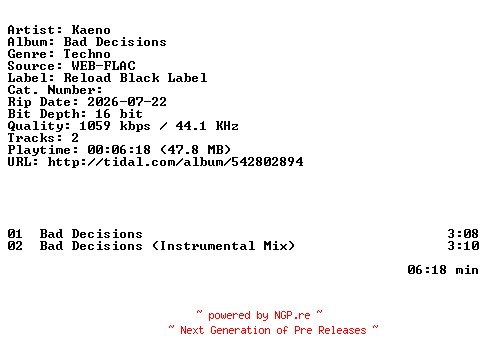 NFO for the release Kaeno-Bad_Decisions-16BIT-WEB-FLAC-2026-HFC by HFC
