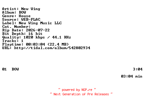 NFO for the release New_Wing-BOW-SINGLE-16BIT-WEB-FLAC-2026-HFC by HFC