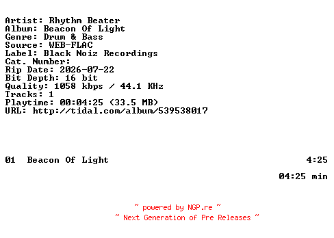 NFO for the release Rhythm_Beater-Beacon_Of_Light-SINGLE-16BIT-WEB-FLAC-2026-HFC by HFC