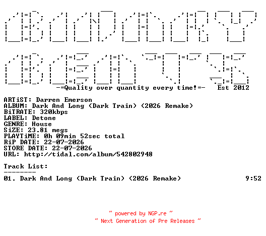 NFO for the release Darren_Emerson-Dark_And_Long_(Dark_Train)_(2026_Remake)-(DET085)-SINGLE-WEB-2026-BB by BB