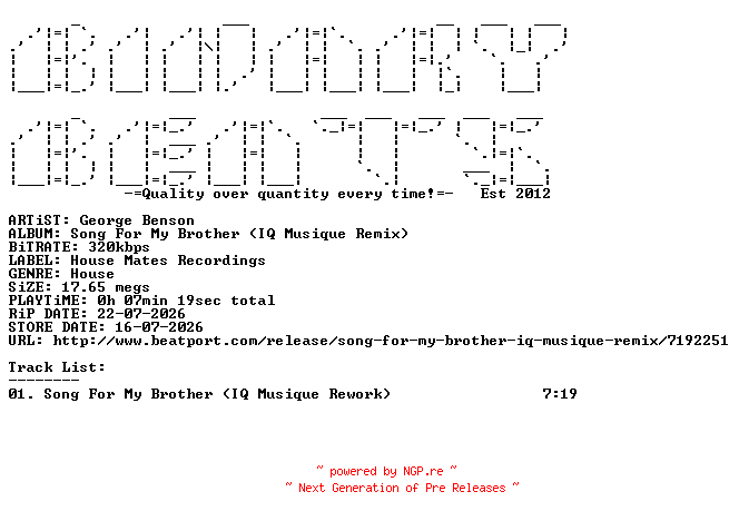NFO for the release George_Benson-Song_For_My_Brother_(IQ_Musique_Remix)-(HMR035)-SINGLE-WEB-2026-BB by BB