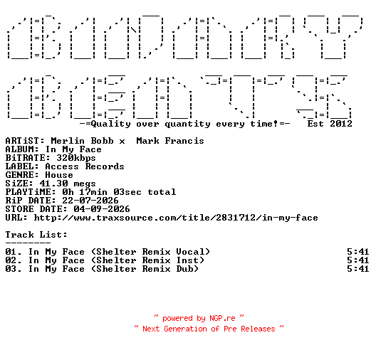 NFO for the release Merlin_Bobb_x_Mark_Francis-In_My_Face-(ACESSS80)-WEB-2026-BB by BB