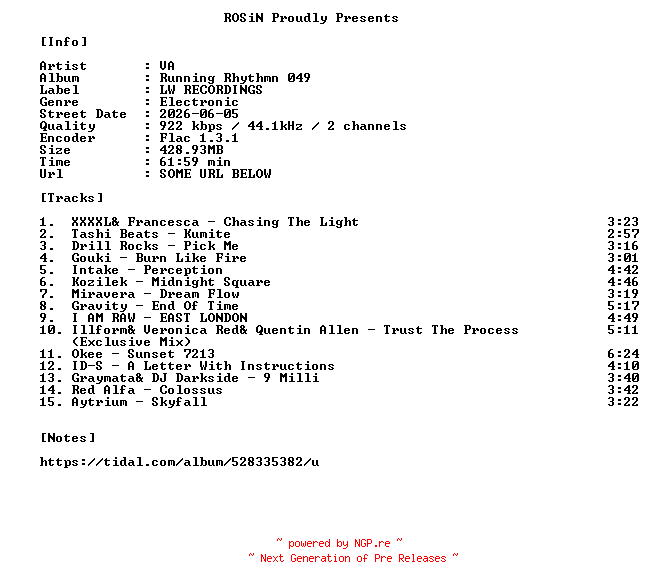 NFO for the release VA-Running_Rhythmn_049-16BIT-WEB-FLAC-2026-ROSiN by ROSiN