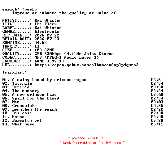 NFO for the release Kai_Whiston-The_Elder-WEB-2026-ENRiCH by ENRiCH