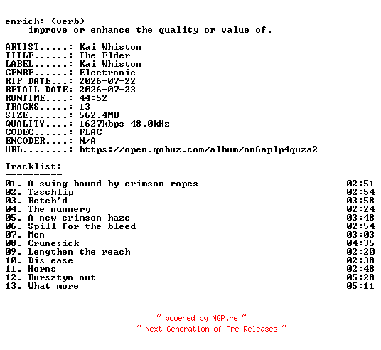 NFO for the release Kai_Whiston-The_Elder-24BIT-WEB-FLAC-2026-ENRiCH by ENRiCH