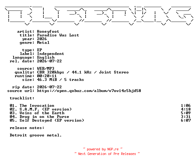 NFO for the release Honeyfoot-Paradise_Was_Lost-EP-WEB-2026-BLEEDiNG by BLEEDiNG