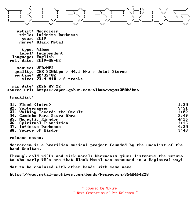 NFO for the release Necrocosm-Infinite_Darkness-WEB-2019-BLEEDiNG by BLEEDiNG