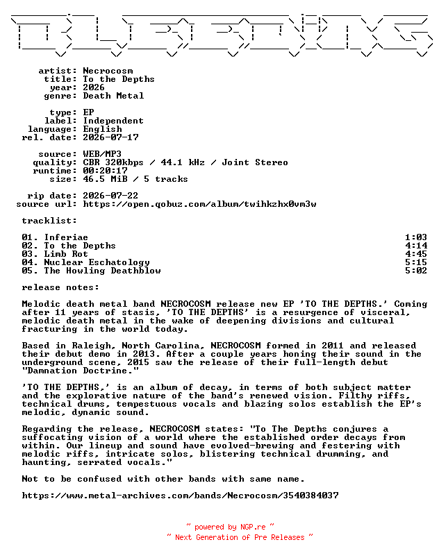 NFO for the release Necrocosm-To_the_Depths-EP-WEB-2026-BLEEDiNG by BLEEDiNG